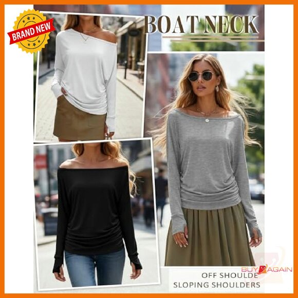 Long Sleeve Off Shoulder Tunic Top with Thumbholes, Loose Fit, 3-Pack - Picture 3 of 8